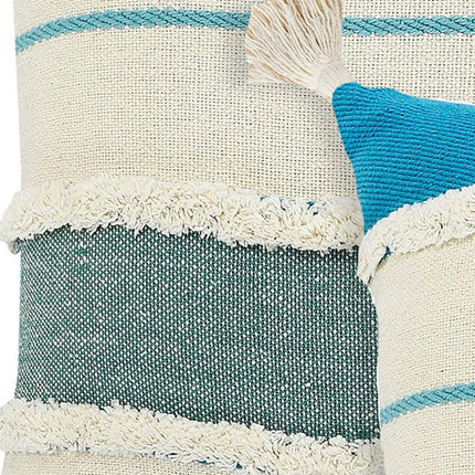 Set of Two 20" Ivory And Turquoise Striped Cotton Throw Pillows with Tassels And Texture HomeRoots