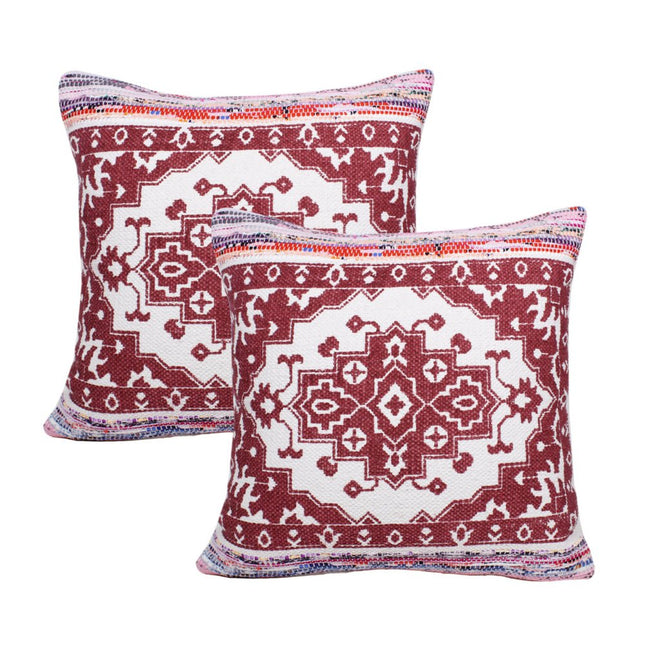 Set of Two 20" Red And White Geometric Cotton Blend Throw Pillows HomeRoots