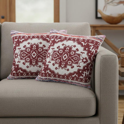 Set of Two 20" Red And White Geometric Cotton Blend Throw Pillows HomeRoots