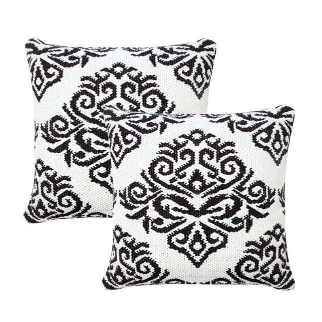 Set of Two 20" White And Black Damask Cotton Blend Throw Pillows