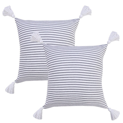 Set of Two 20" Gray And White Striped Cotton Throw Pillows with Tassels HomeRoots