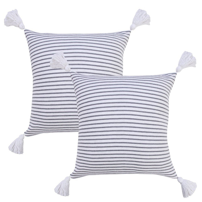 Set of Two 20" Gray And White Striped Cotton Throw Pillows with Tassels HomeRoots
