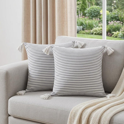Set of Two 20" Gray And White Striped Cotton Throw Pillows with Tassels HomeRoots