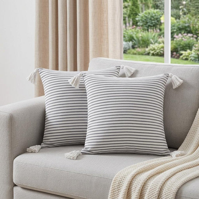 Set of Two 20" Gray And White Striped Cotton Throw Pillows with Tassels HomeRoots