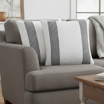 Set of Two 20" White And Black Striped Cotton Throw Pillows HomeRoots