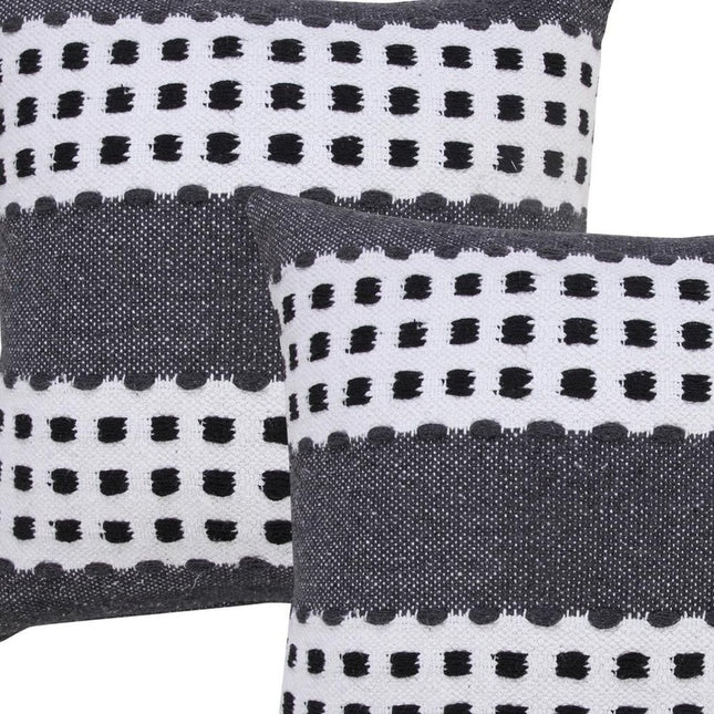 Set of Two 20" Black Gray And White Striped Cotton Throw Pillows