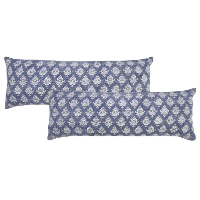 Set of Two 14" X 36" Blue And White Lumbar Damask Cotton Throw Pillows HomeRoots
