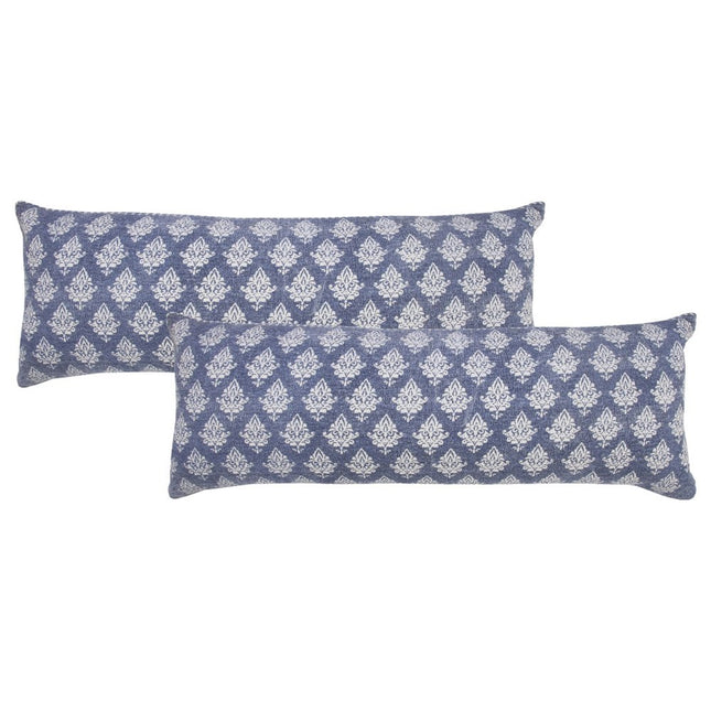 Set of Two 14" X 36" Blue And White Lumbar Damask Cotton Throw Pillows