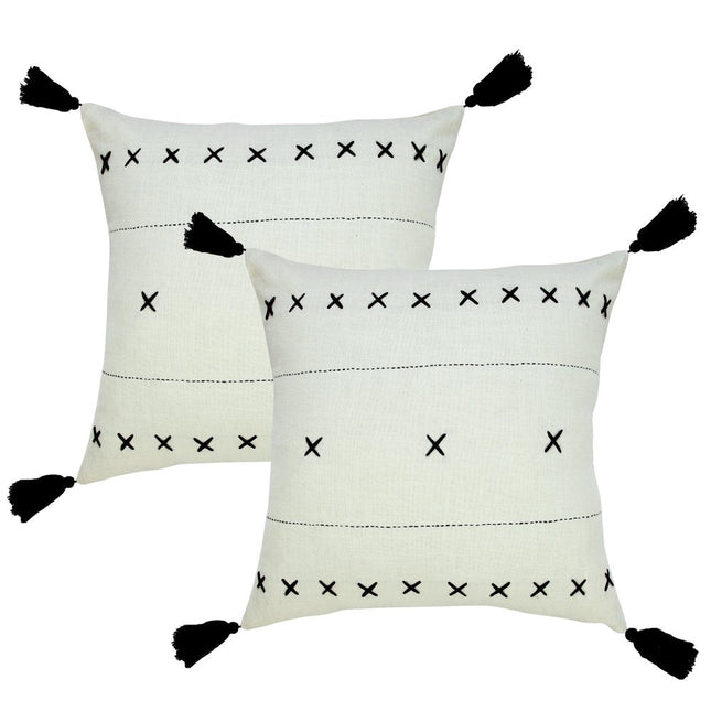 Set of Two 20" Off White And Black Geometric Cotton Throw Pillows with Tassels HomeRoots