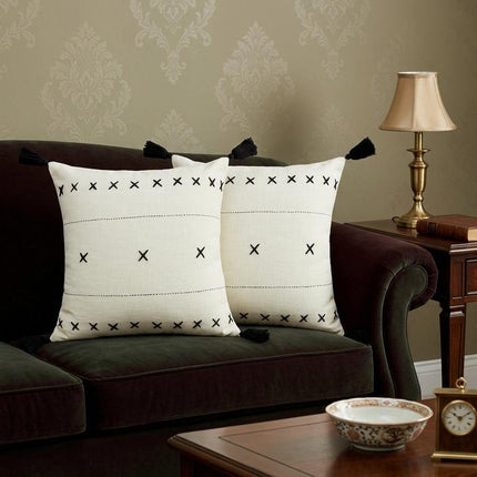 Set of Two 20" Off White And Black Geometric Cotton Throw Pillows with Tassels HomeRoots