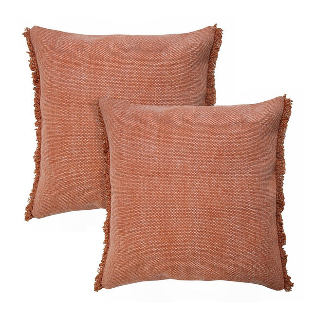 Set of Two 20" Brown Cotton Throw Pillows with Fringe