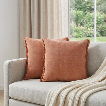 Set of Two 20" Brown Cotton Throw Pillows with Fringe HomeRoots
