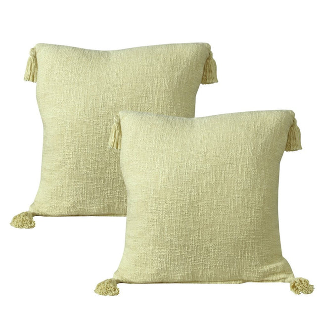 Set of Two 20" Yellow Cotton Throw Pillows with Tassels HomeRoots