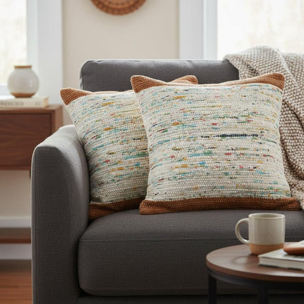 Set of Two 20" Brown And Ivory Color Block Cotton Throw Pillows