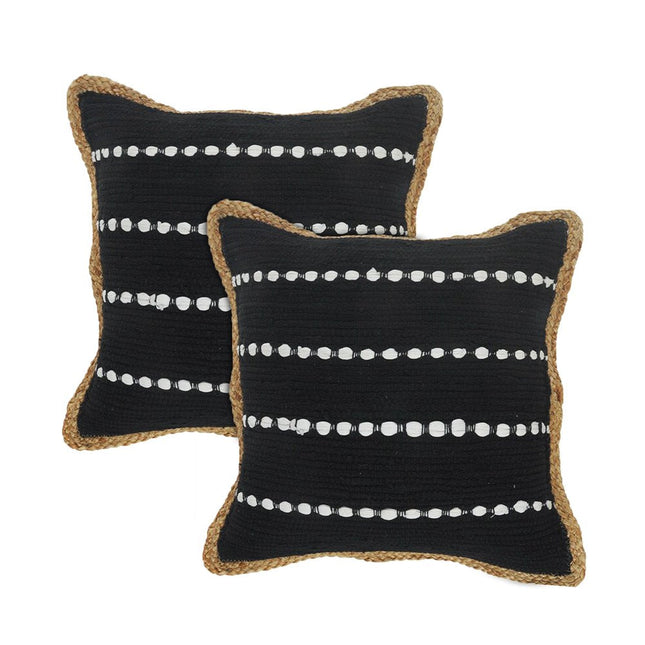 Set of Two 18" Black And White Striped Cotton Blend Throw Pillows with Texture HomeRoots