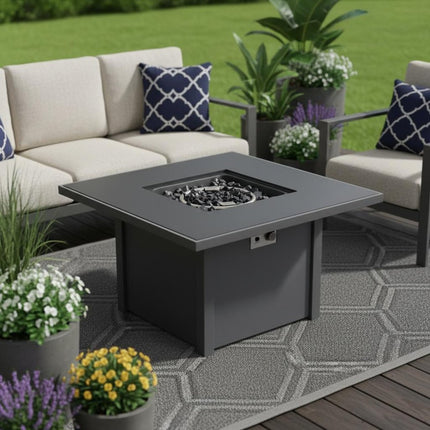 50000 BTU 30" Black Steel Propane Square Fire Pit With Cover HomeRoots