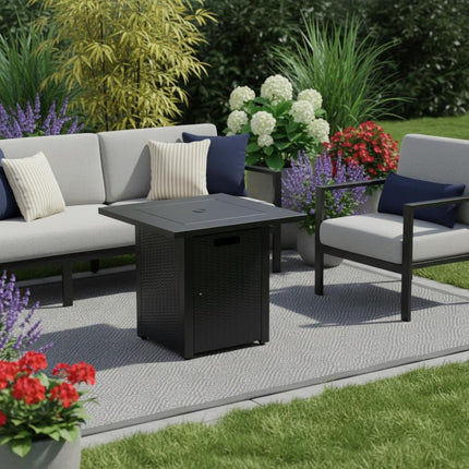 50000 BTU 28" Black Steel Propane Square Fire Pit With Cover HomeRoots