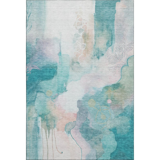 9' X 12' Turquoise And Ivory Abstract Washable Area Rug With UV Protection