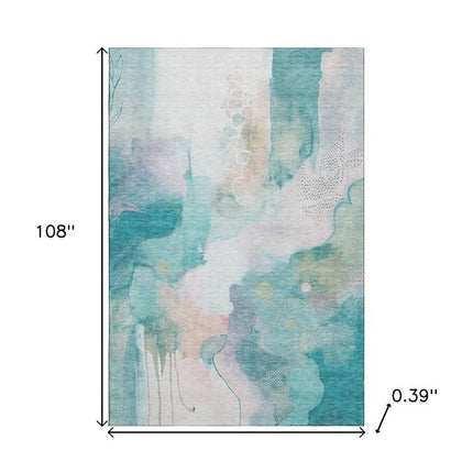 9' X 12' Turquoise And Ivory Abstract Washable Area Rug With UV Protection HomeRoots