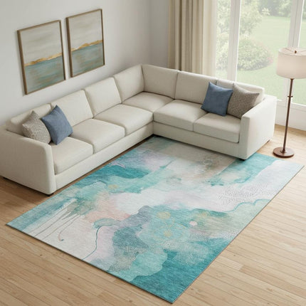 9' X 12' Turquoise And Ivory Abstract Washable Area Rug With UV Protection