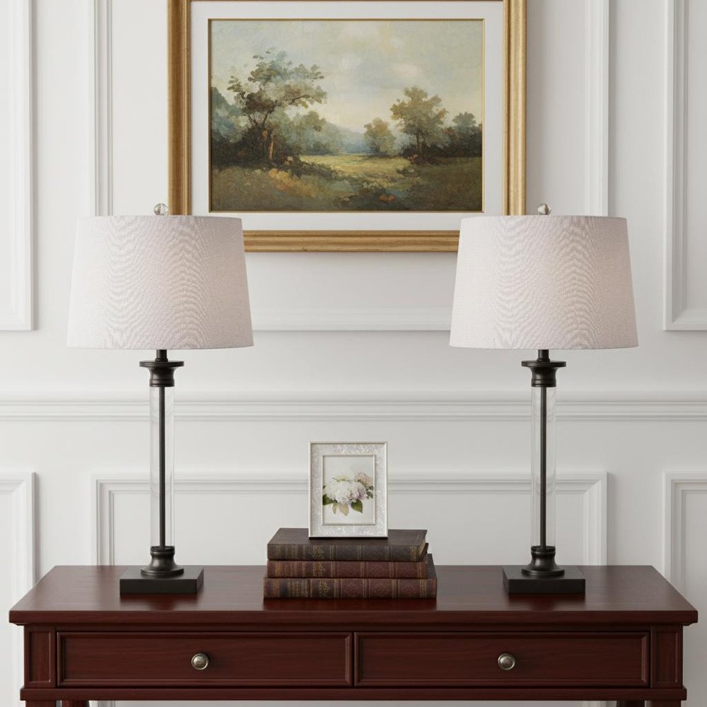 Set of Two 30" Black Novelty Table Lamps LED With Drum Shades