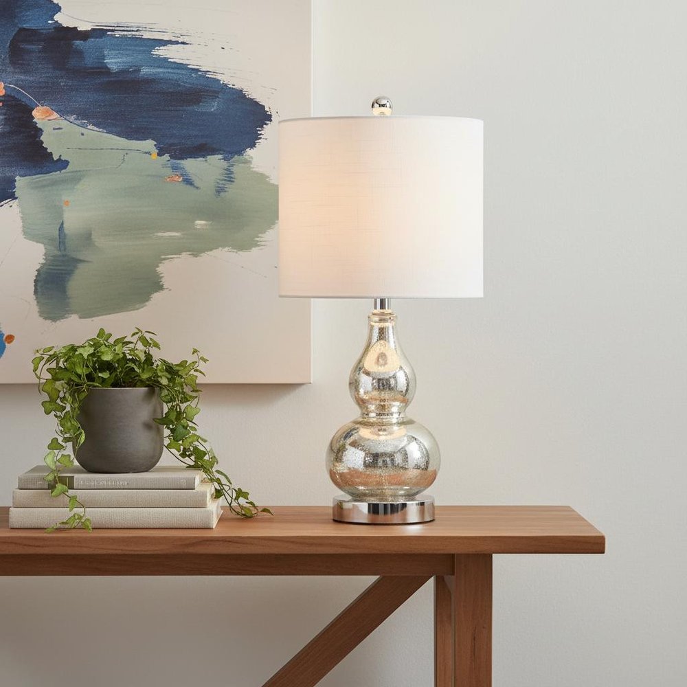 21" Silver Gourd Desk Lamp LED With Drum Shade