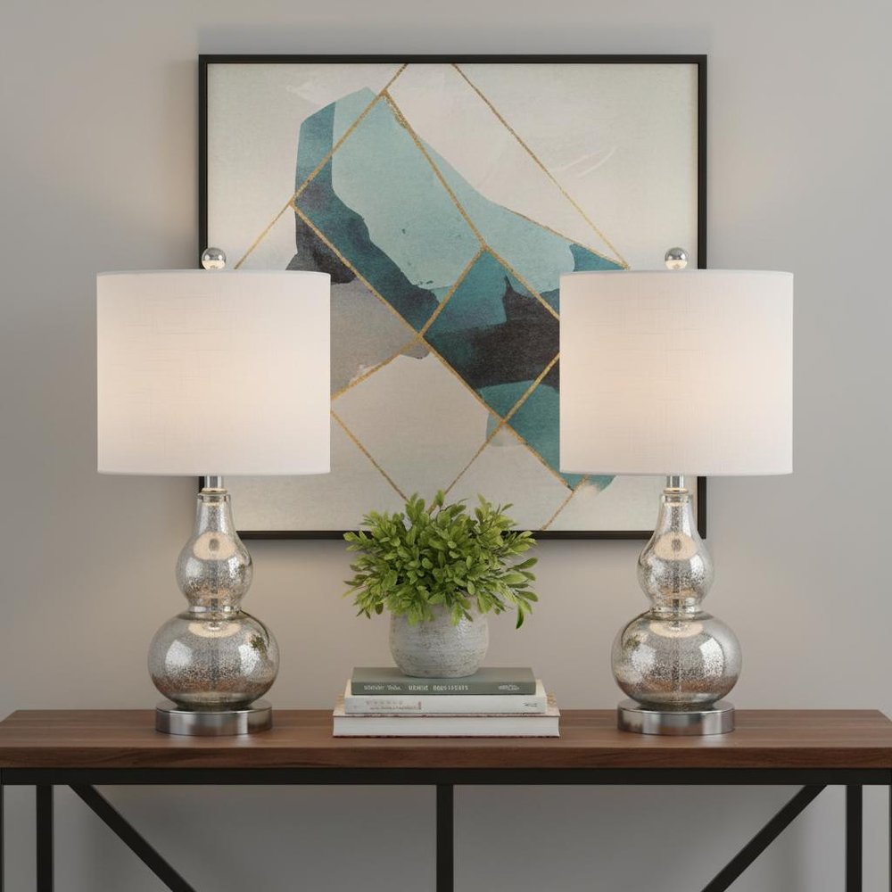 Set of Two 21" Silver Gourd Desk Lamps LED With Drum Shades