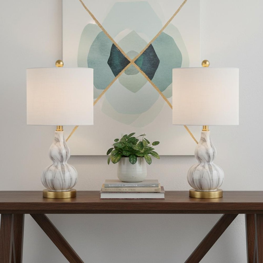 Set of Two 21" Gold Gourd Desk Lamps LED With Drum Shades