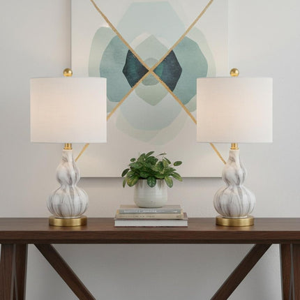 Set of Two 21" Gold Gourd Desk Lamps With Drum Shades HomeRoots