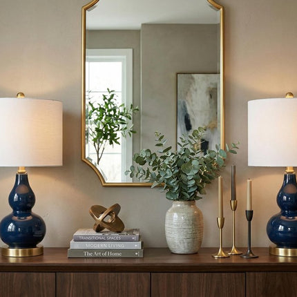 Set of Two 21" Navy Blue And Gold Gourd Table Lamps With Drum Shades HomeRoots