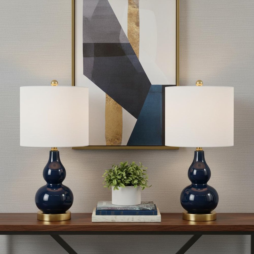 Set of Two 21" Gold Gourd Desk Lamps LED With Drum Shades