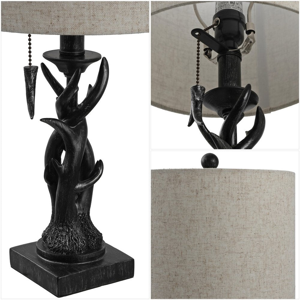 21" Black Antlers Desk Lamp LED With Drum Shade