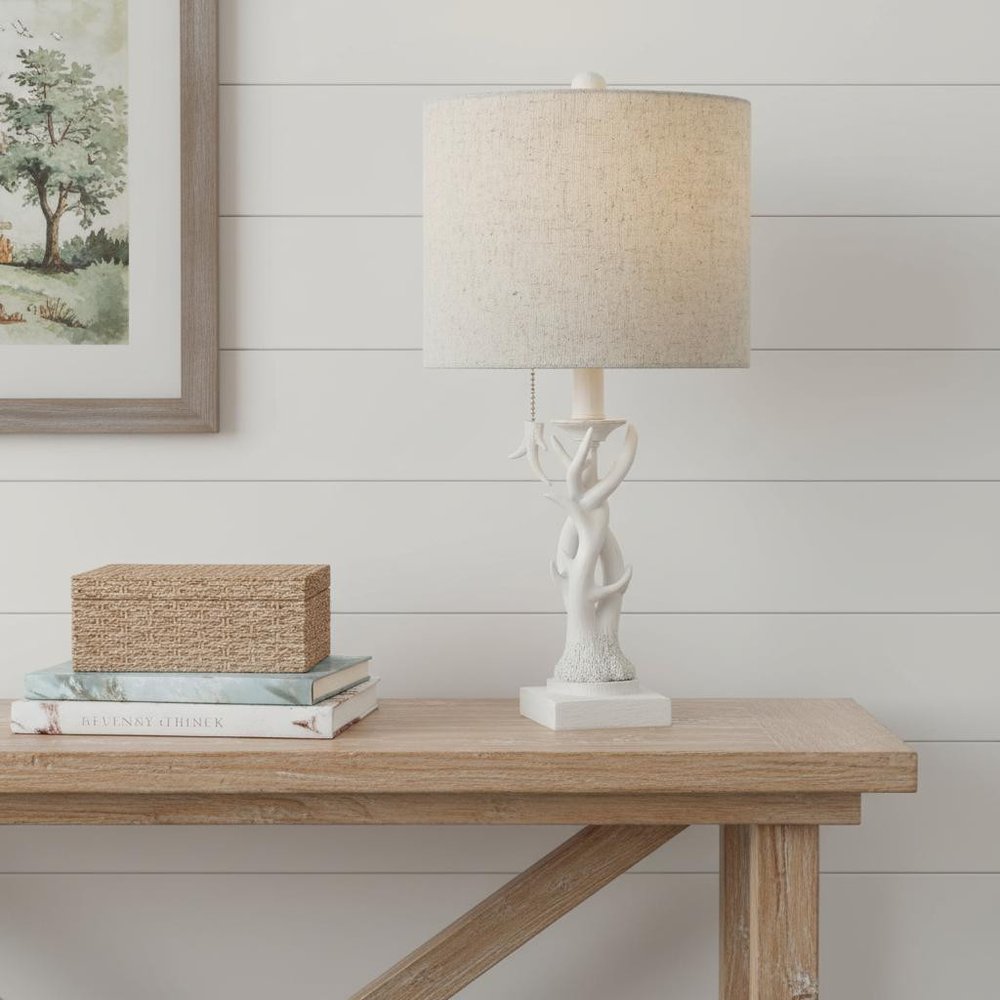 21" Antiqued White Antlers Desk Lamp LED With Drum Shade