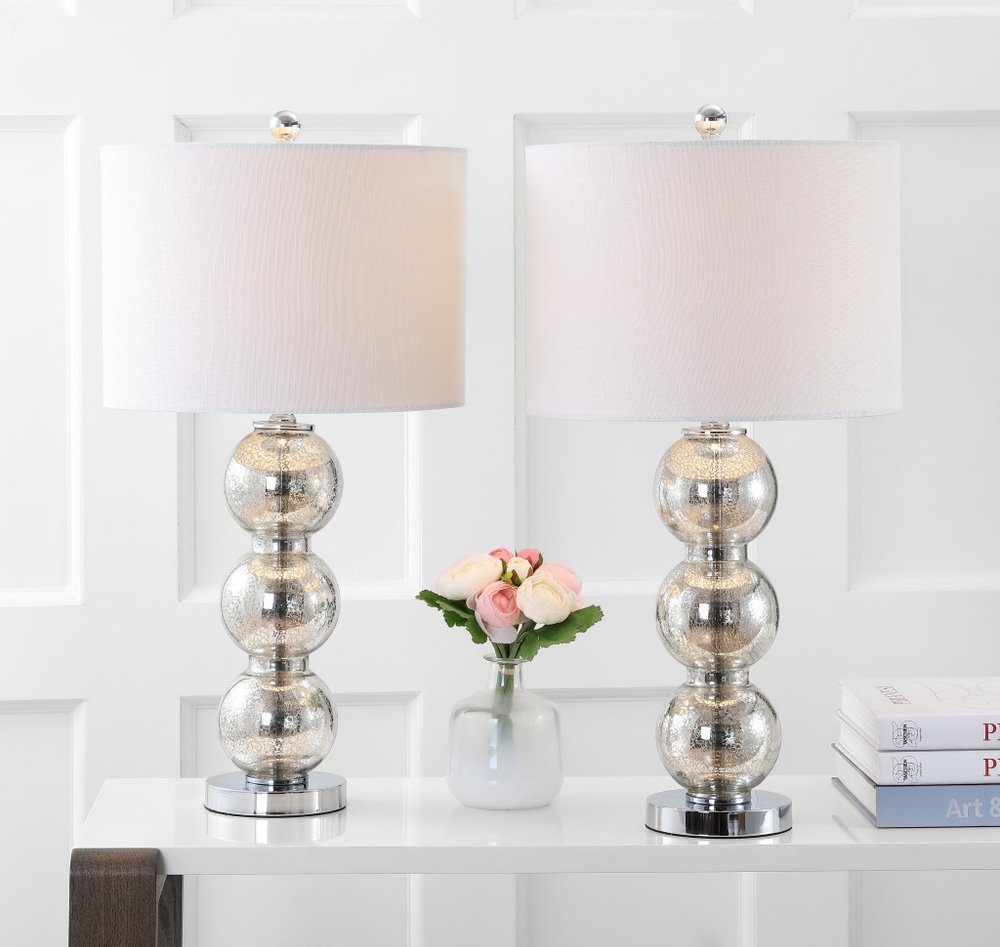 Set of Two 27" Silver Novelty Table Lamps LED With Drum Shades