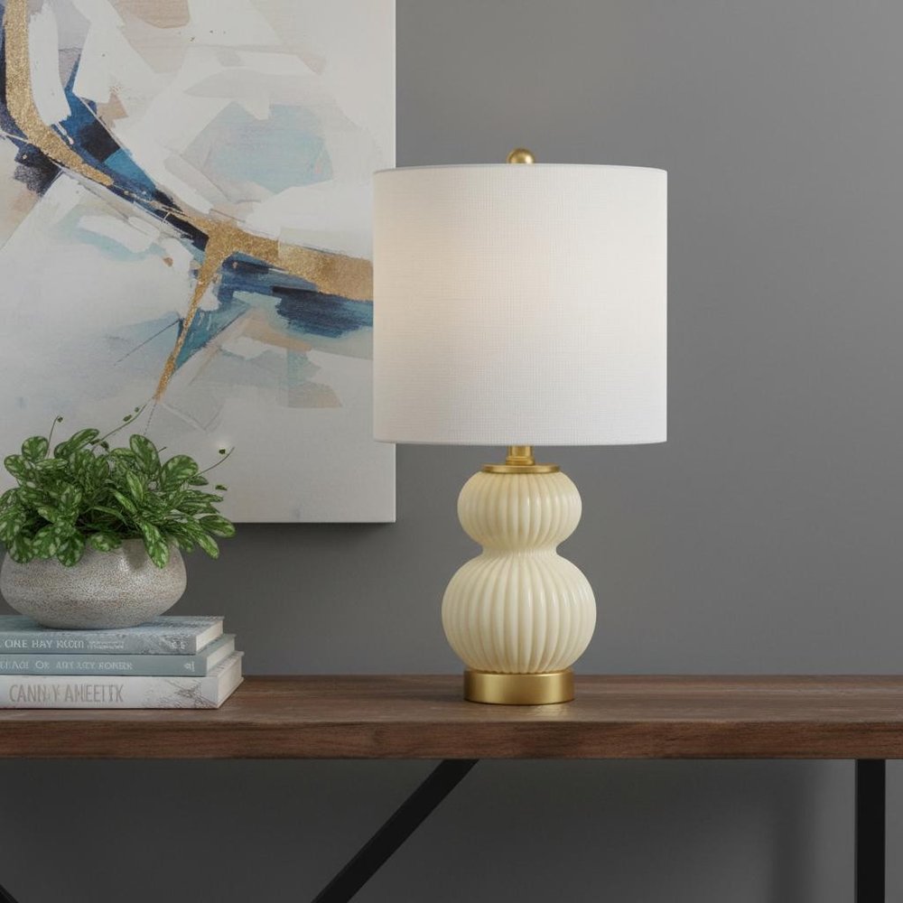 20" Gold Gourd Table Lamp LED With Drum Shade
