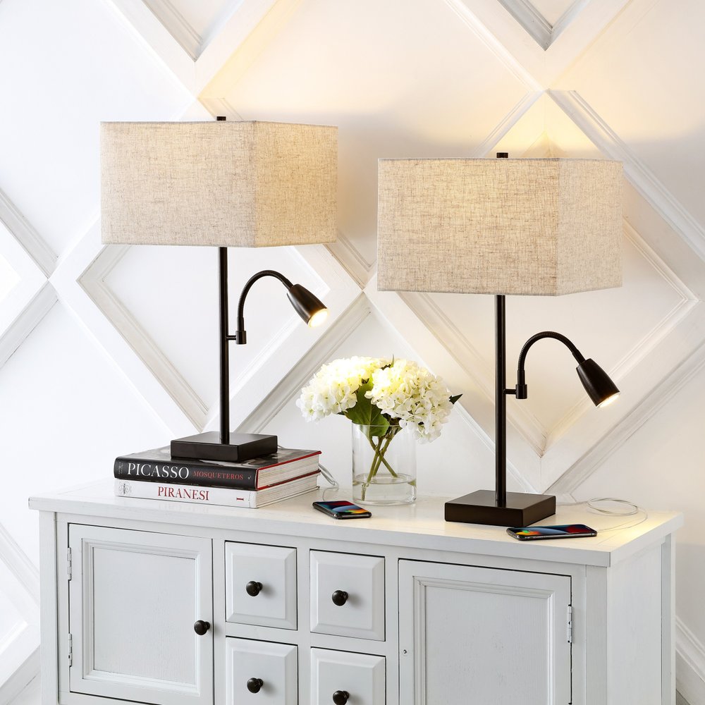 Set of Two 26" Antiqued Bronze Swing Arm Table Lamps LED With Square Shades