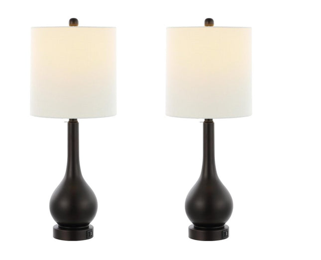 Set of Two 24" Antiqued Bronze Gourd Table Lamps With Drum Shades HomeRoots