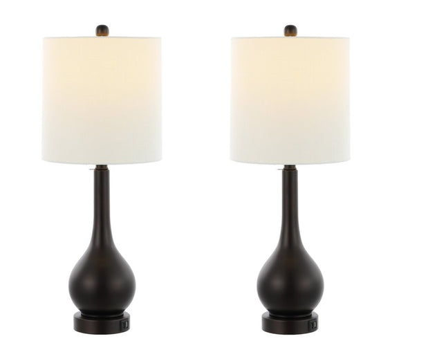 Set of Two 24" Antiqued Bronze Gourd Table Lamps With Drum Shades HomeRoots