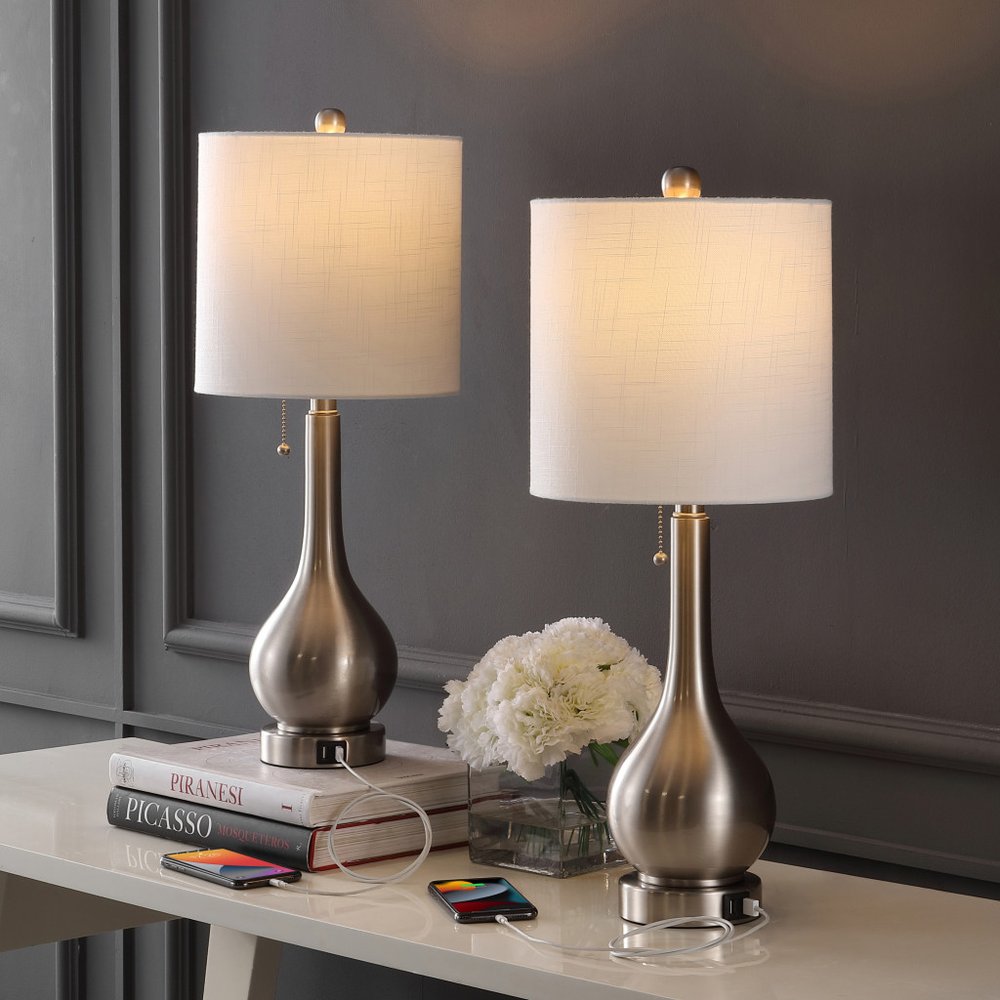 Set of Two 24" Nickel Gourd Table Lamps LED With Drum Shades