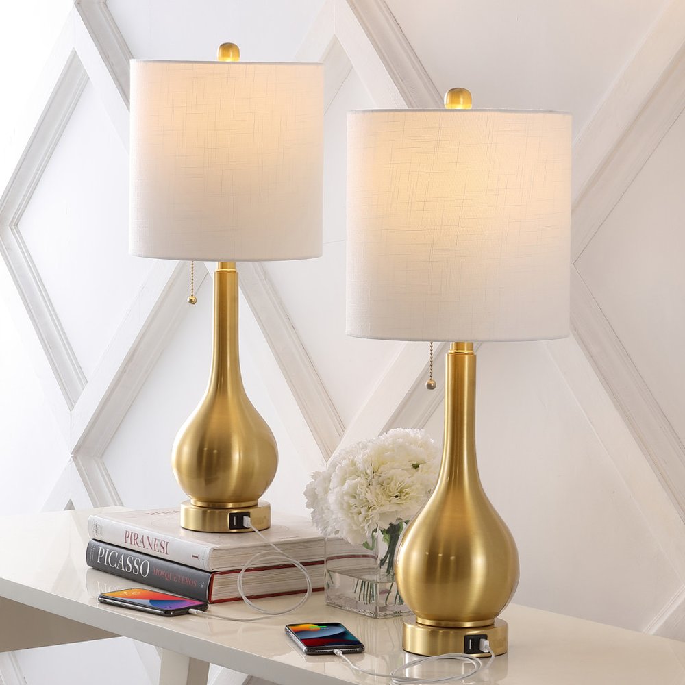 Set of Two 24" Gold Gourd Table Lamps LED With Drum Shades