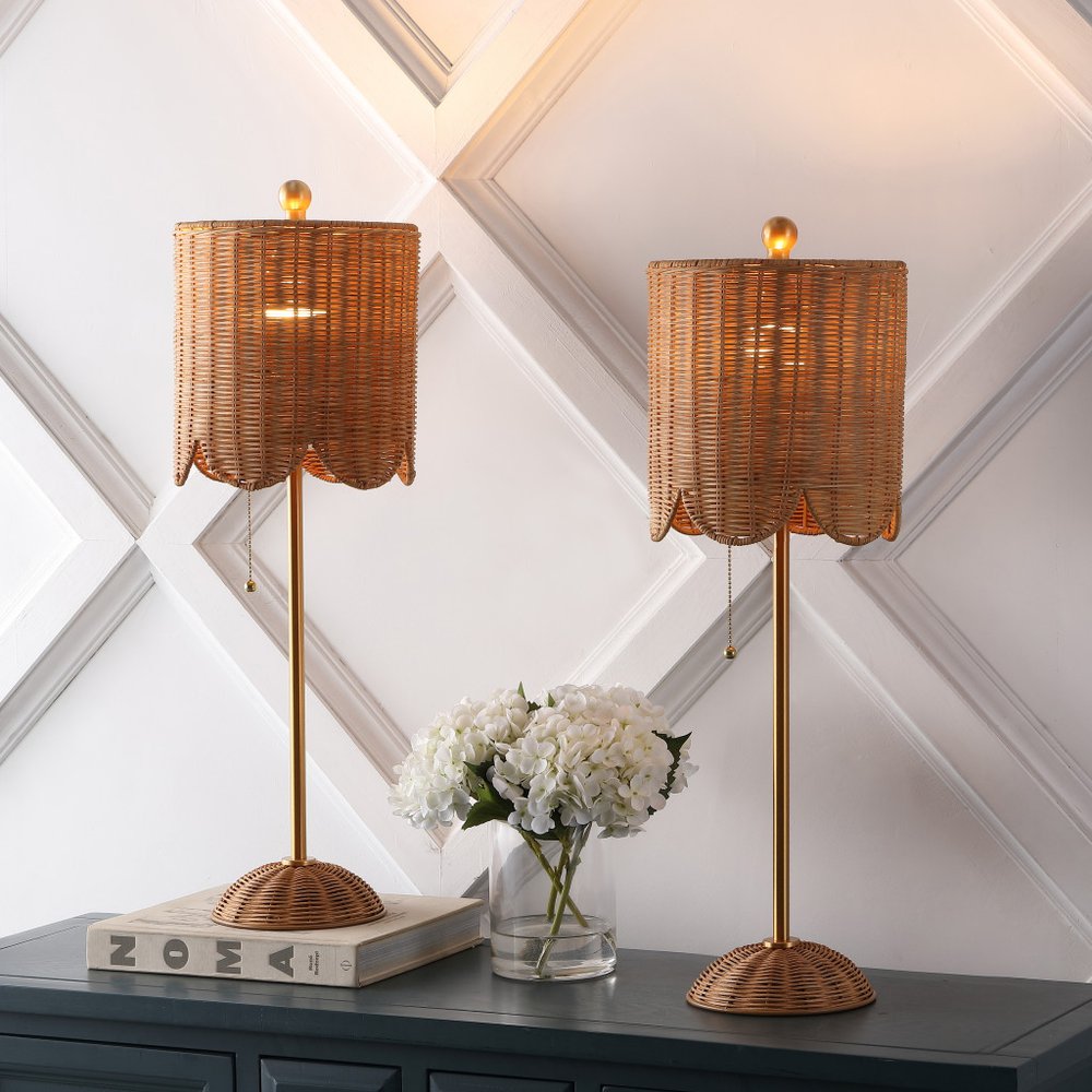 Set of Two 28" Brown Table Lamps LED With Drum Shades