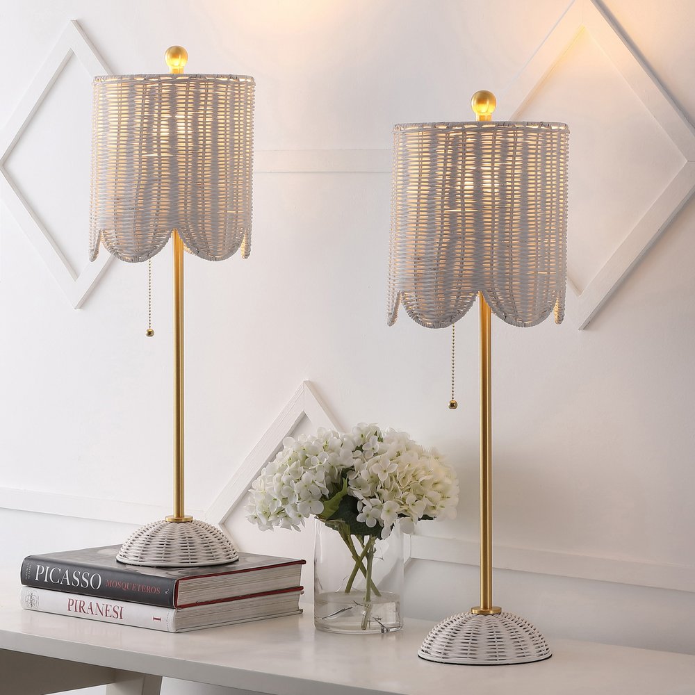 Set of Two 28" White Table Lamps LED With Drum Shades