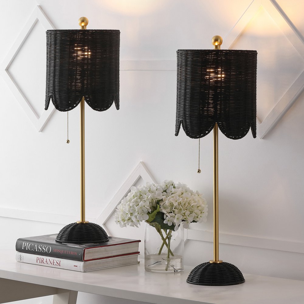 Set of Two 28" Black Table Lamps LED With Drum Shades