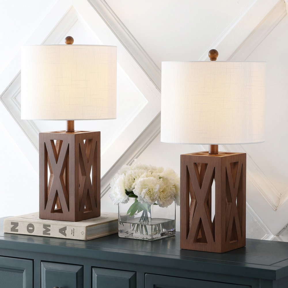 Set of Two 22" Brown Table Lamps LED With Drum Shades