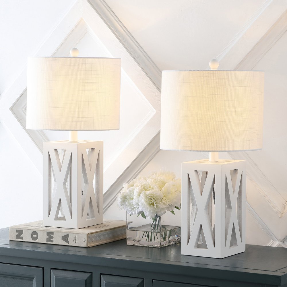 Set of Two 22" White Table Lamps LED With Drum Shades