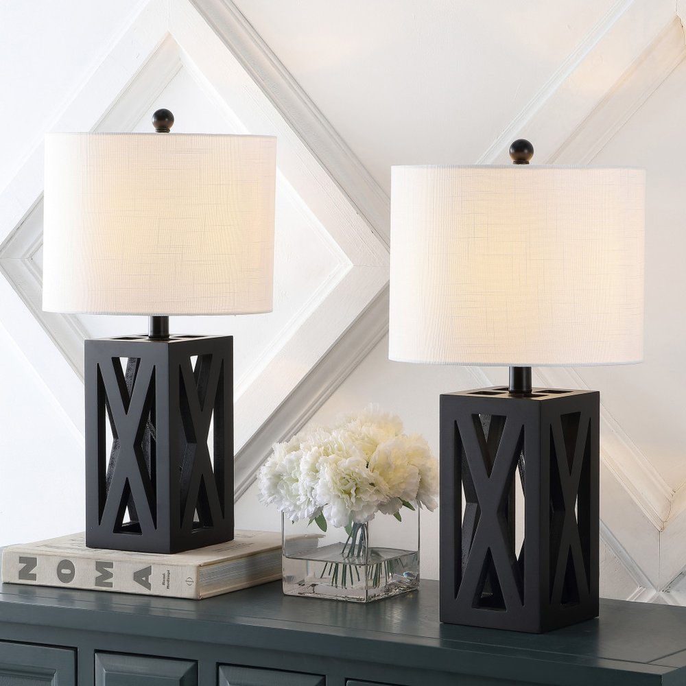 Set of Two 22" Black Table Lamps LED With Drum Shades