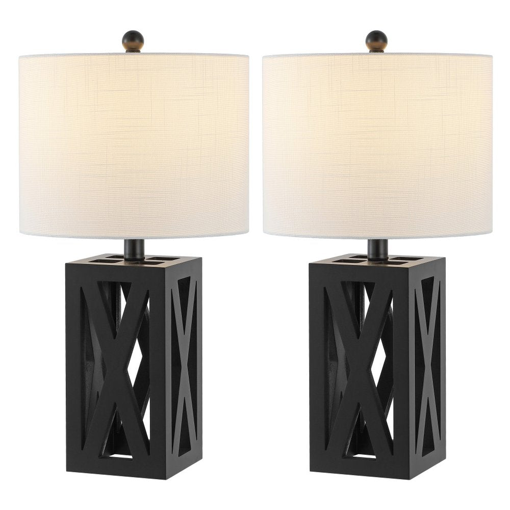 Set of Two 22" Black Table Lamps LED With Drum Shades