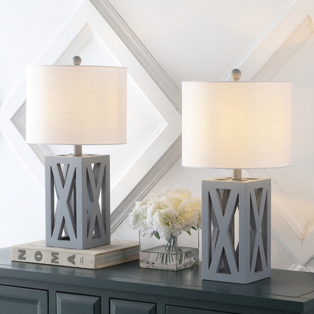 Set of Two 22" Gray Table Lamps LED With Drum Shades