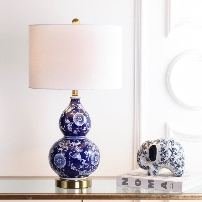 27" Blue Gold And White Novelty Table Lamp With Drum Shade HomeRoots