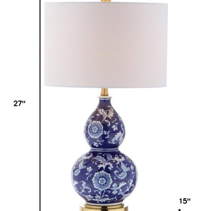 27" Blue Gold And White Novelty Table Lamp With Drum Shade HomeRoots